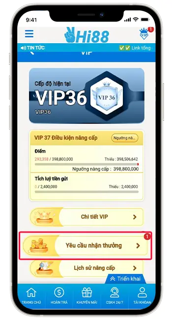 Bước 2: Chọn mục YÊU CẦU NHẬN THƯỞNG